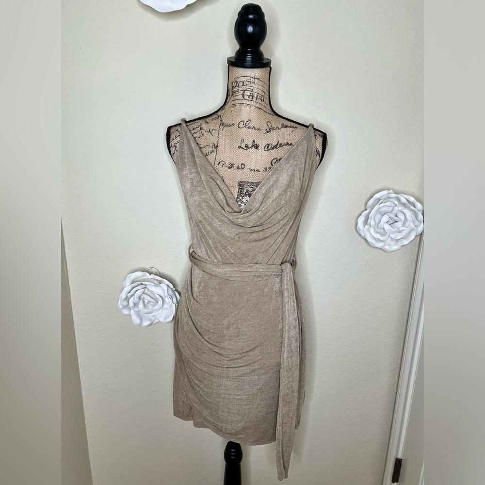 Mable Metallic Cowl Neck Bodycon Cocktail Dress Belted Gold Shimmer Size L